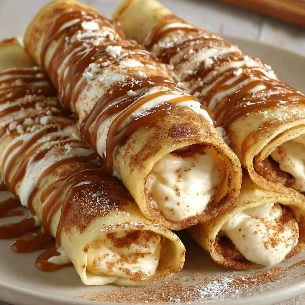 A plate of crepes with powdered sugar and caramel drizzle.