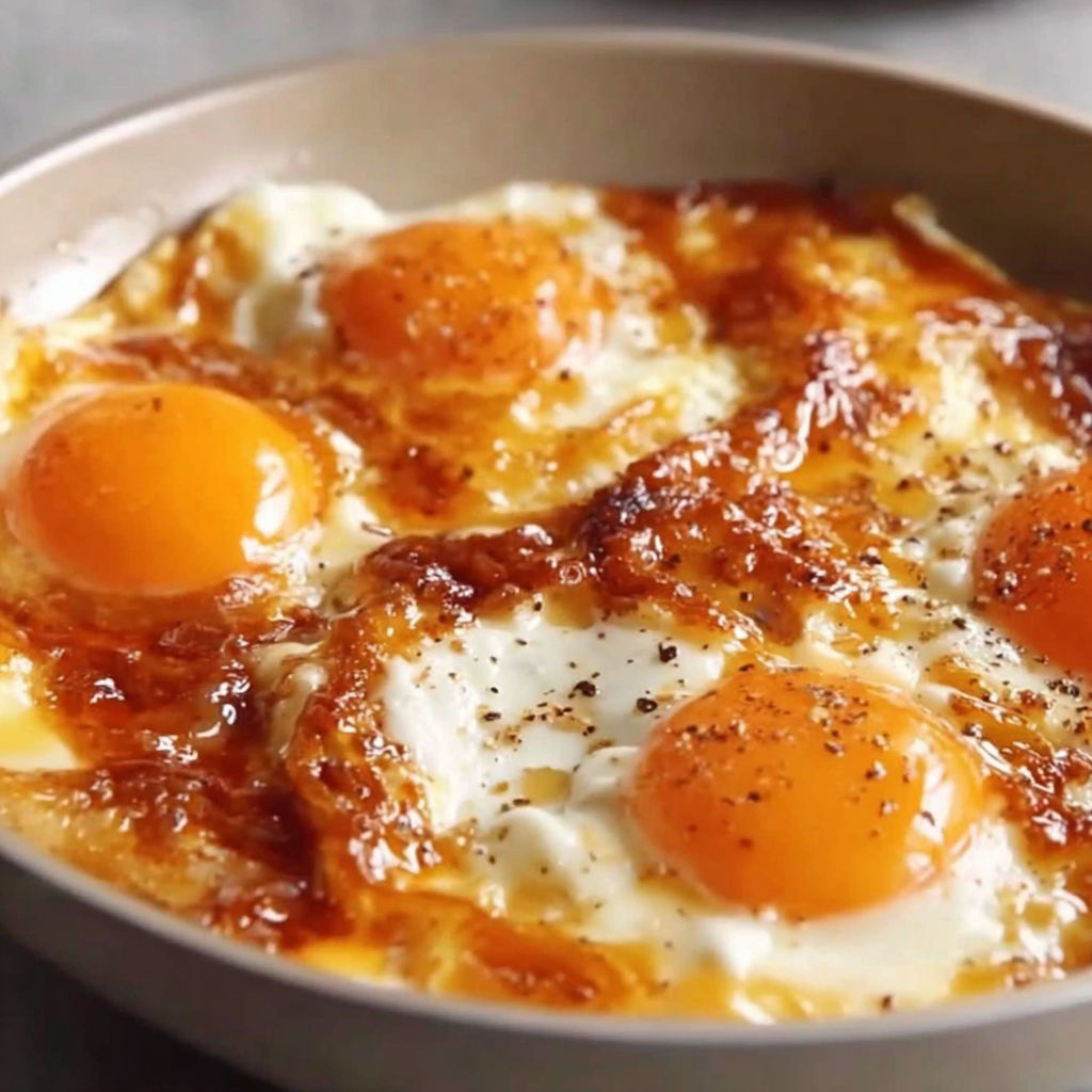 A bowl of eggs with a brown sauce.