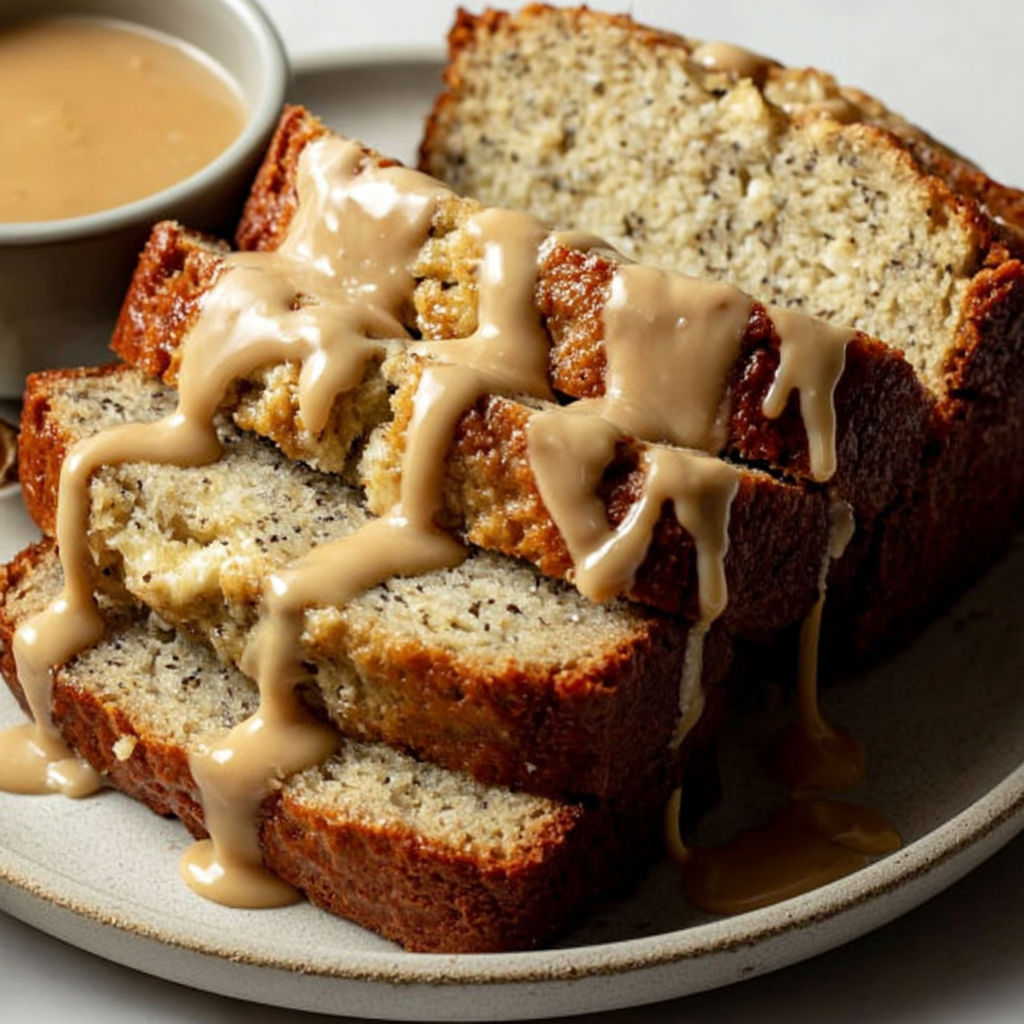 A slice of banana bread with caramel sauce drizzled on top.
