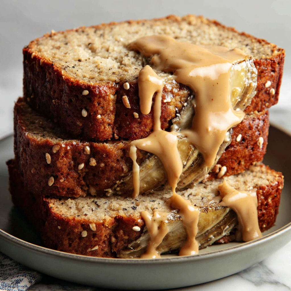 A slice of banana bread with peanut butter drizzled on top.