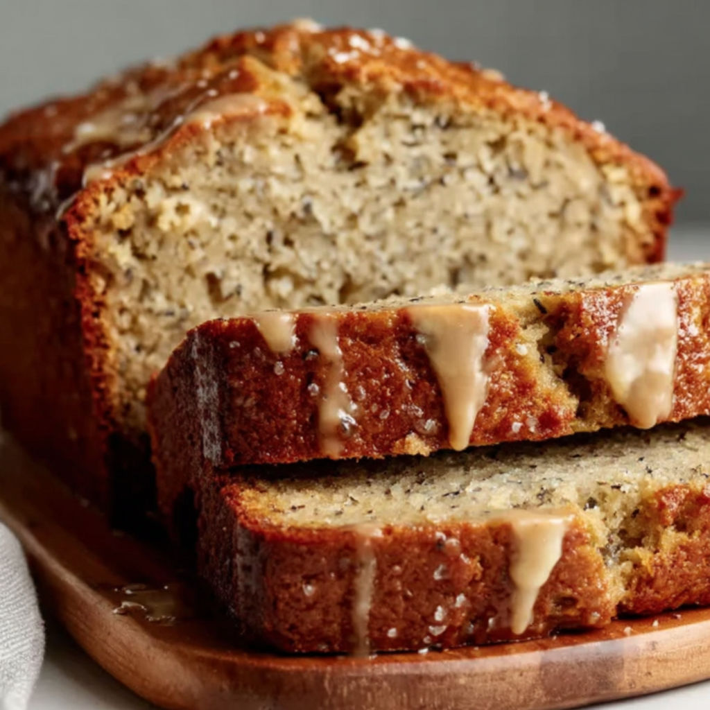 A slice of banana bread with icing.