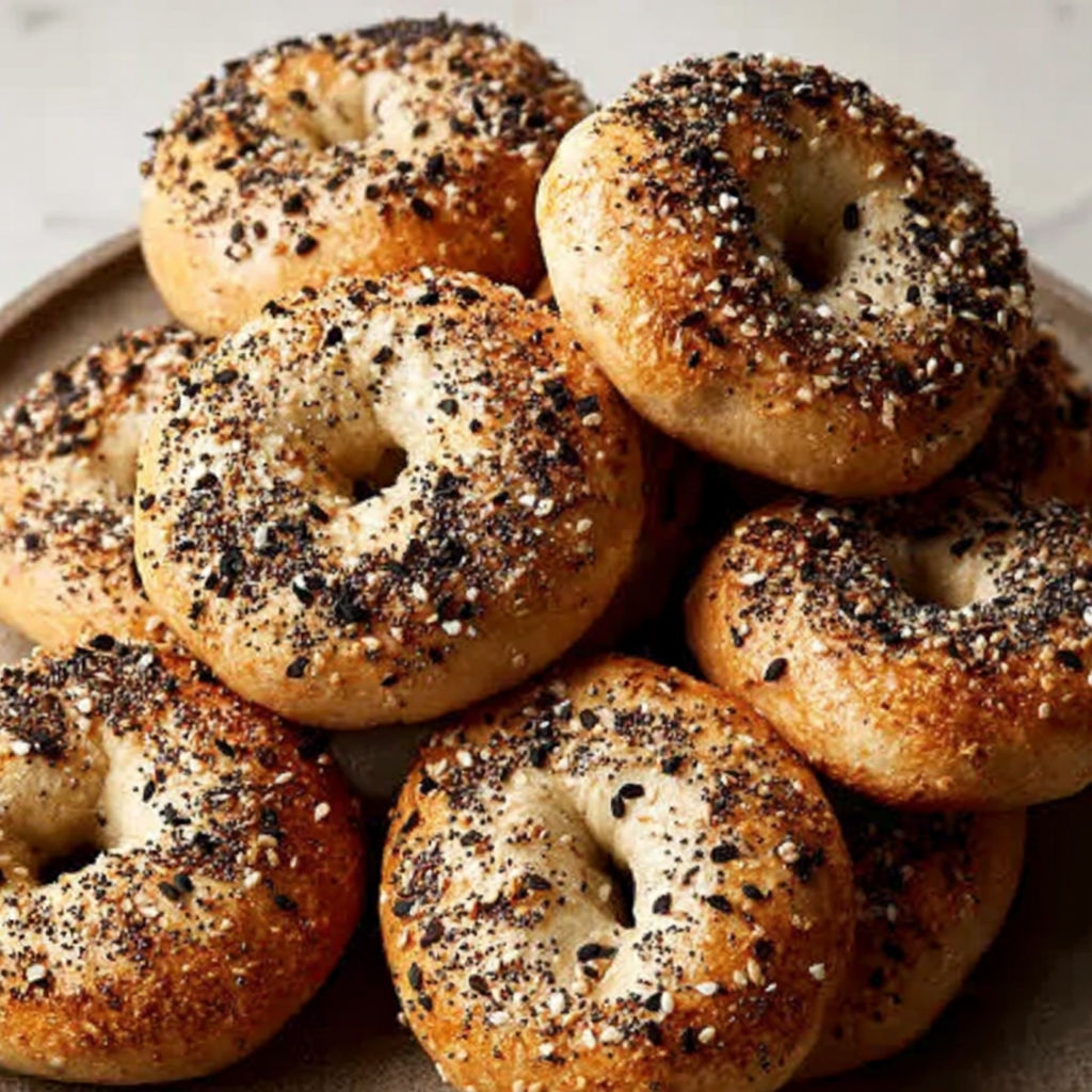 A plate of bagels with sesame seeds on top.
