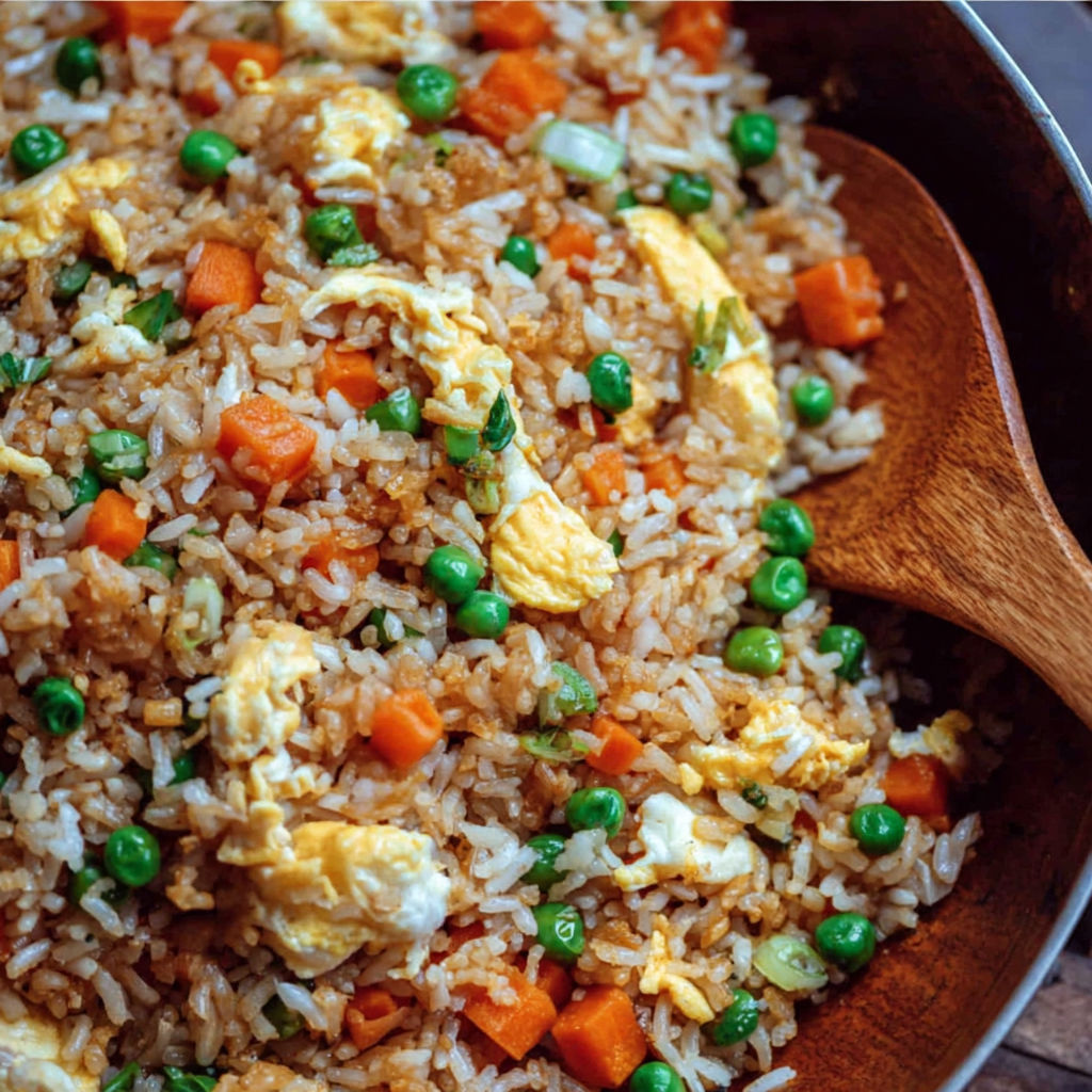 A bowl of rice with peas and eggs.