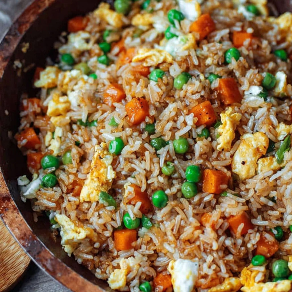 A bowl of rice with peas and eggs.