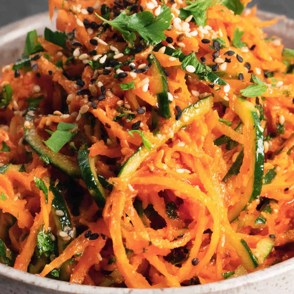 A bowl of food with a carrot and zucchini.