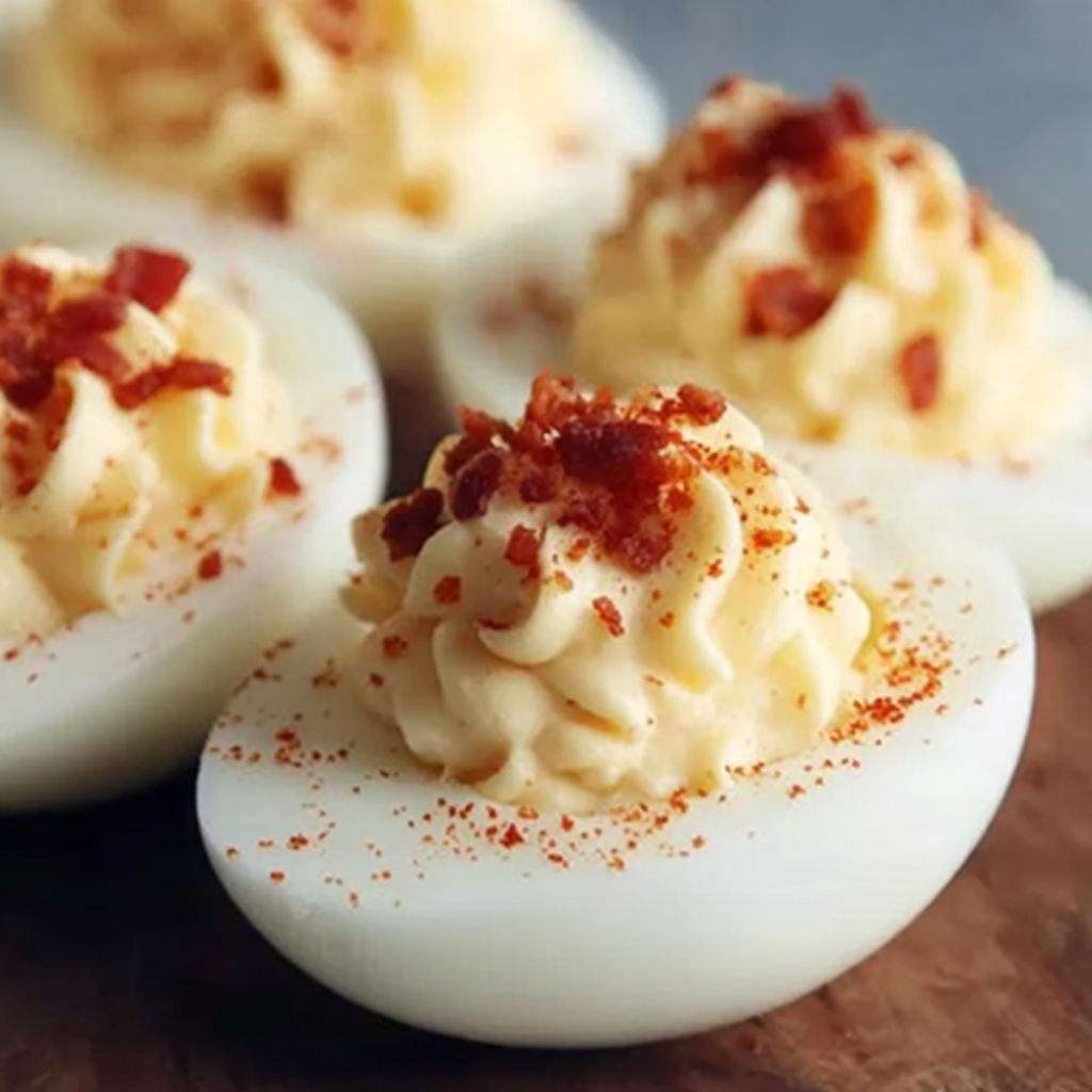 Deviled eggs with bacon bits on top.