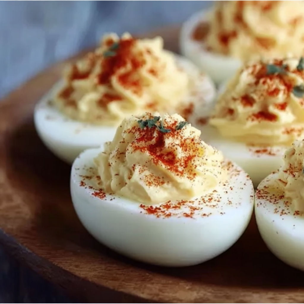A plate of eggs with red peppers on top.