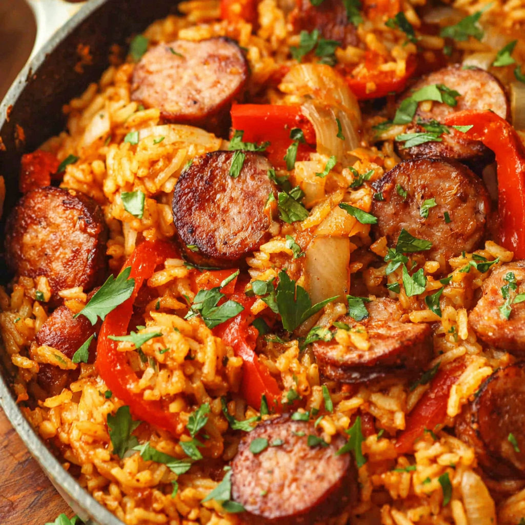 A dish of rice and sausage.