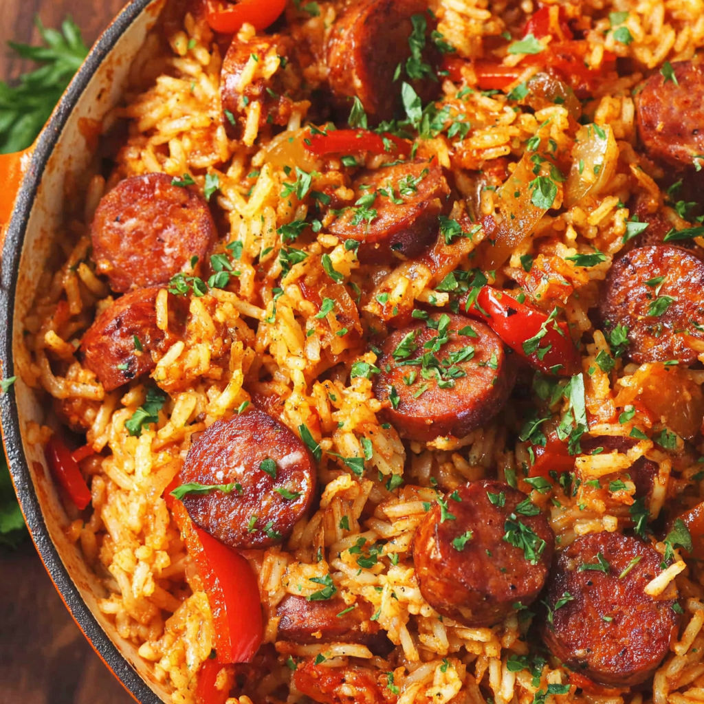 A dish of rice and sausage.