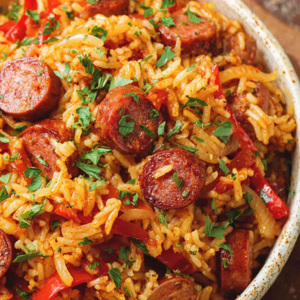 A bowl of rice and sausage.