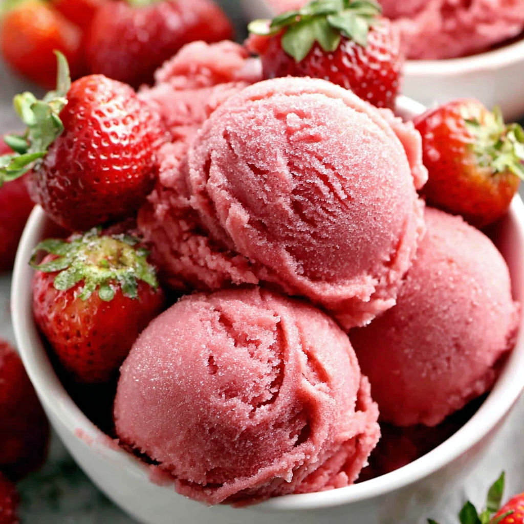 A bowl of strawberries and a bowl of strawberry sorbet.