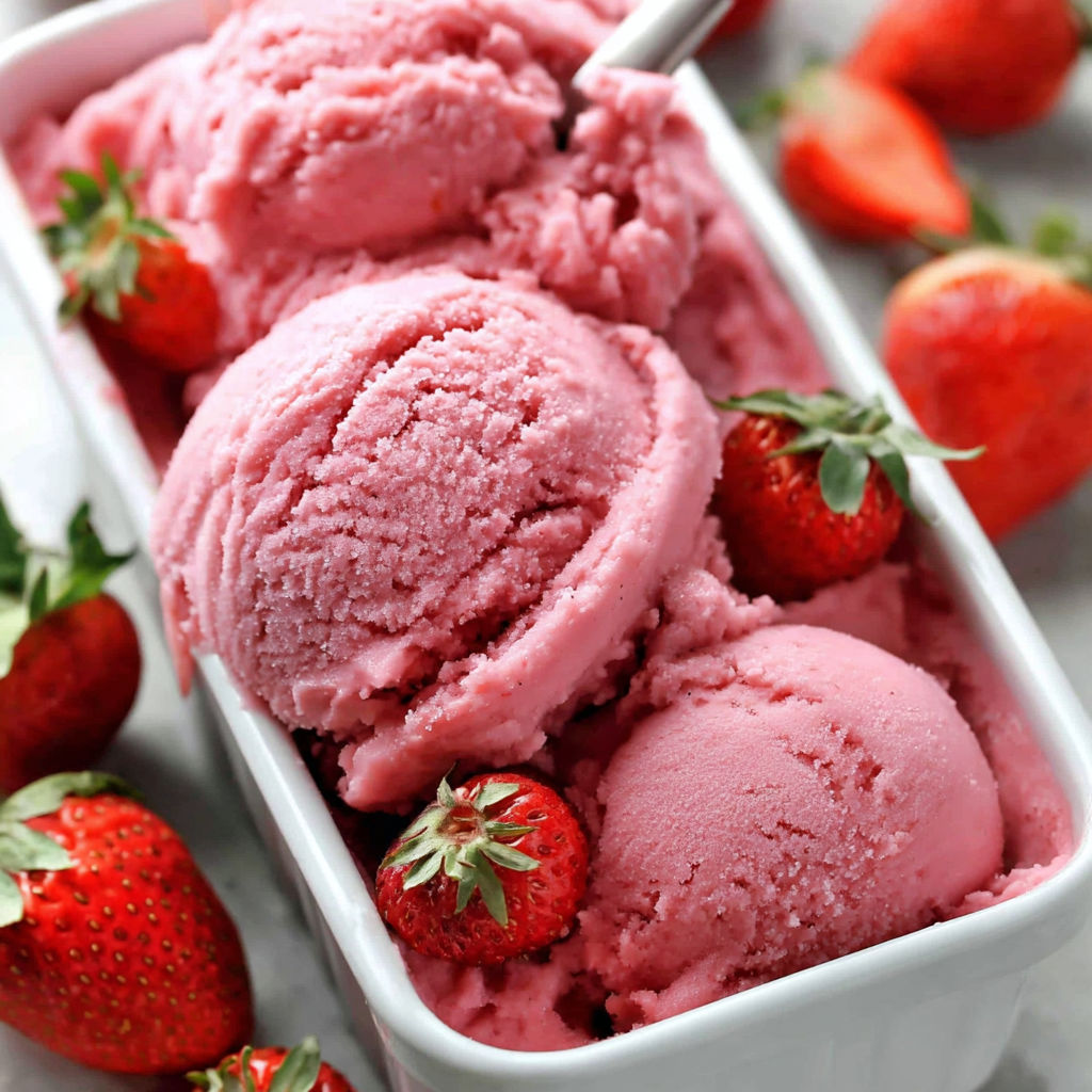 A bowl of pink sorbet with strawberries on top.