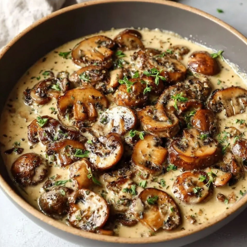 A bowl of mushrooms covered in a creamy sauce.