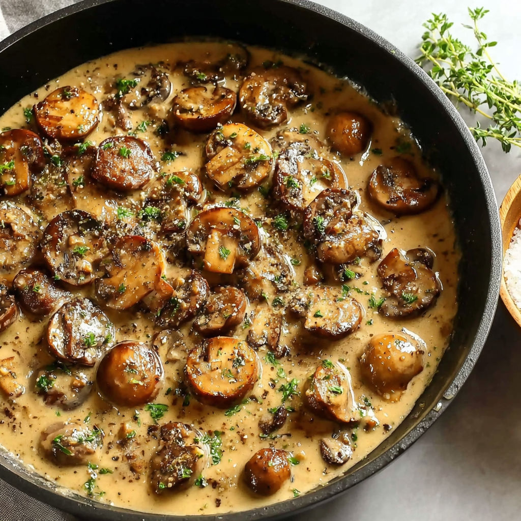 A bowl of mushrooms in a creamy sauce.