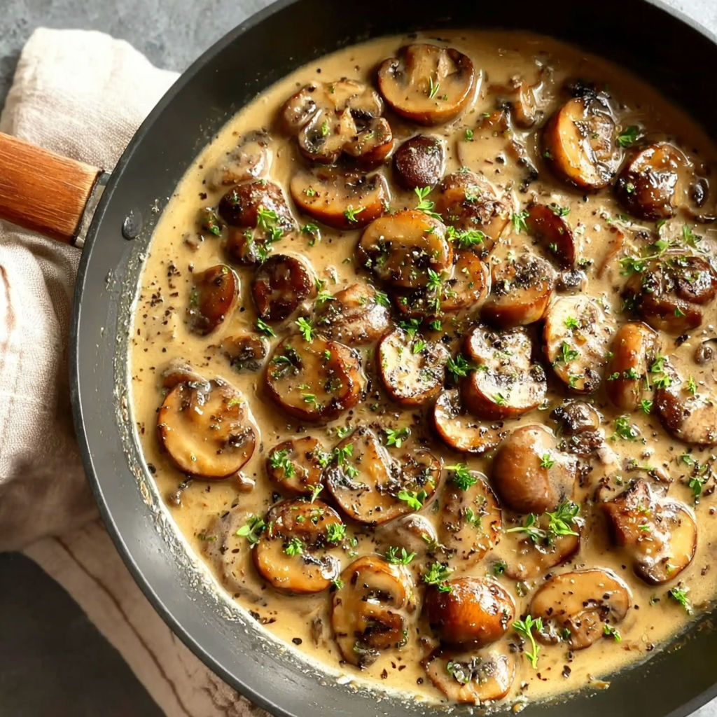 A bowl of mushrooms in a creamy sauce.