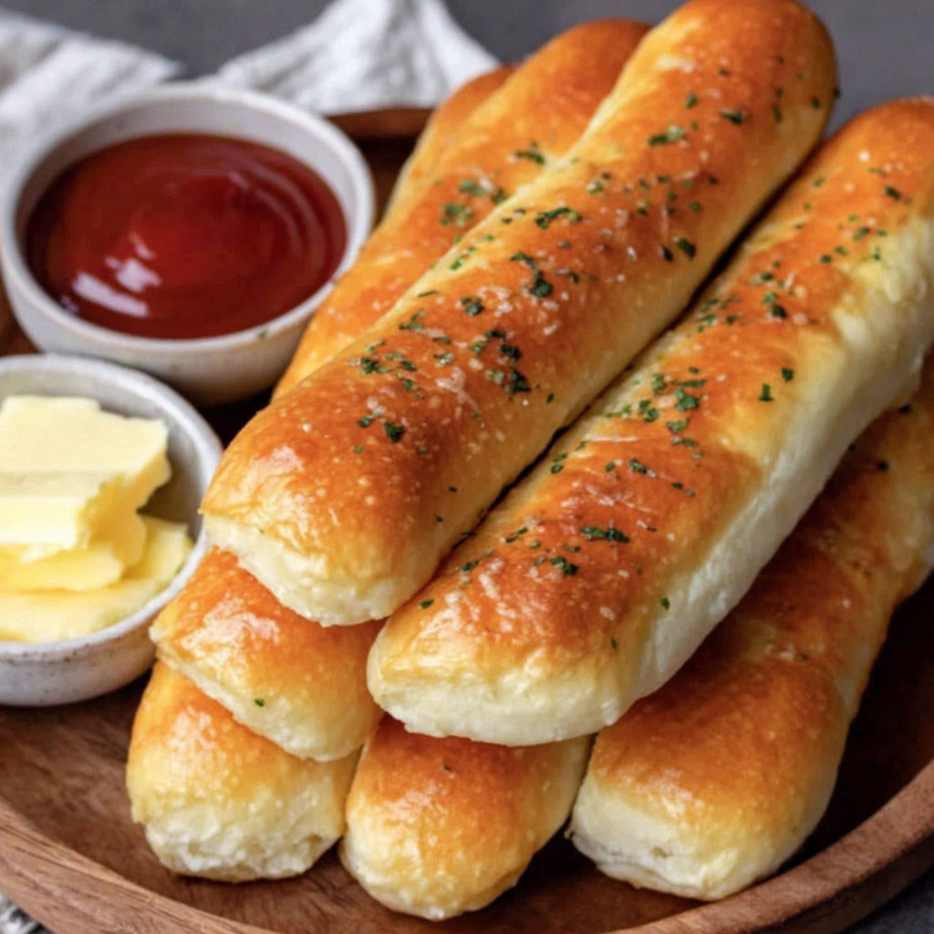 A plate of breadsticks with a dipping sauce.