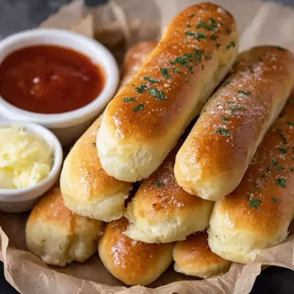 A plate of breadsticks with sauce.
