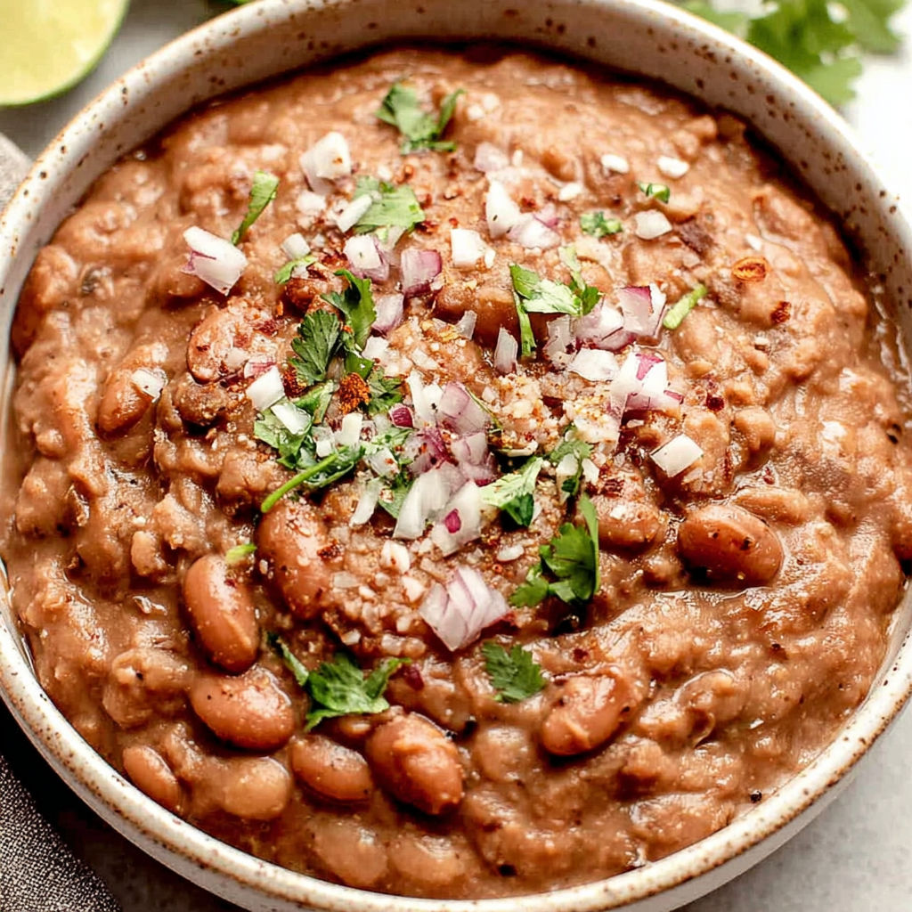 A bowl of refried beans with onions and spices.
