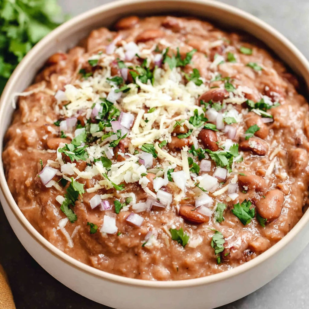 A bowl of beans with onions and cheese.