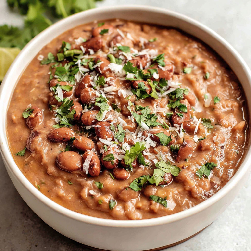 A bowl of beans with cheese on top.