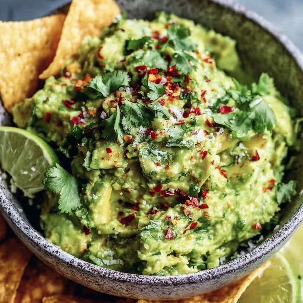 A bowl of guacamole with chips.