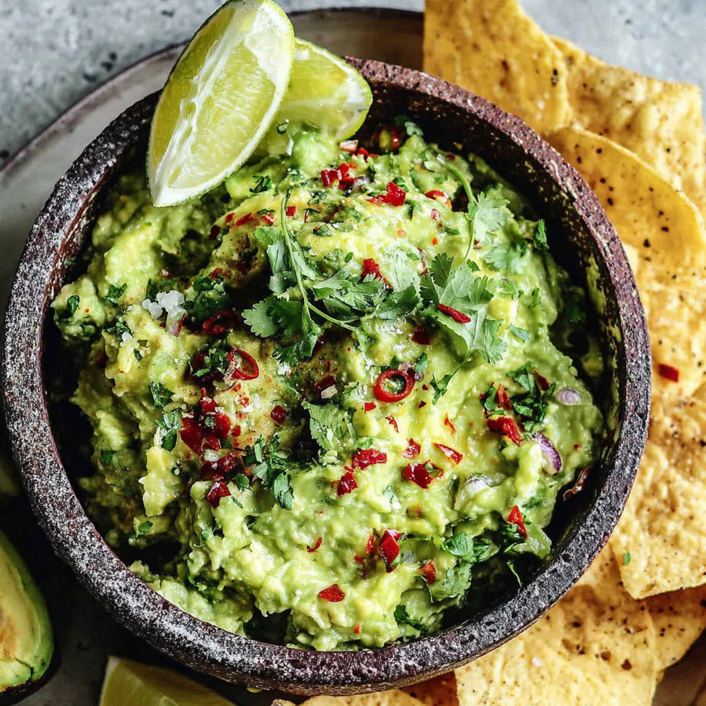 A bowl of guacamole with a lime wedge on top.