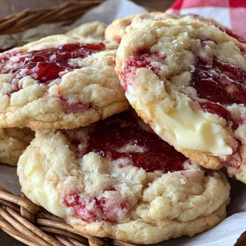 A basket of cookies with white frosting and red jam.