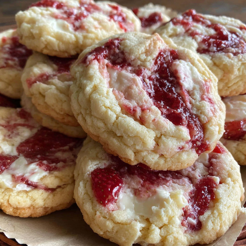 A stack of cookies with strawberry jam on top.