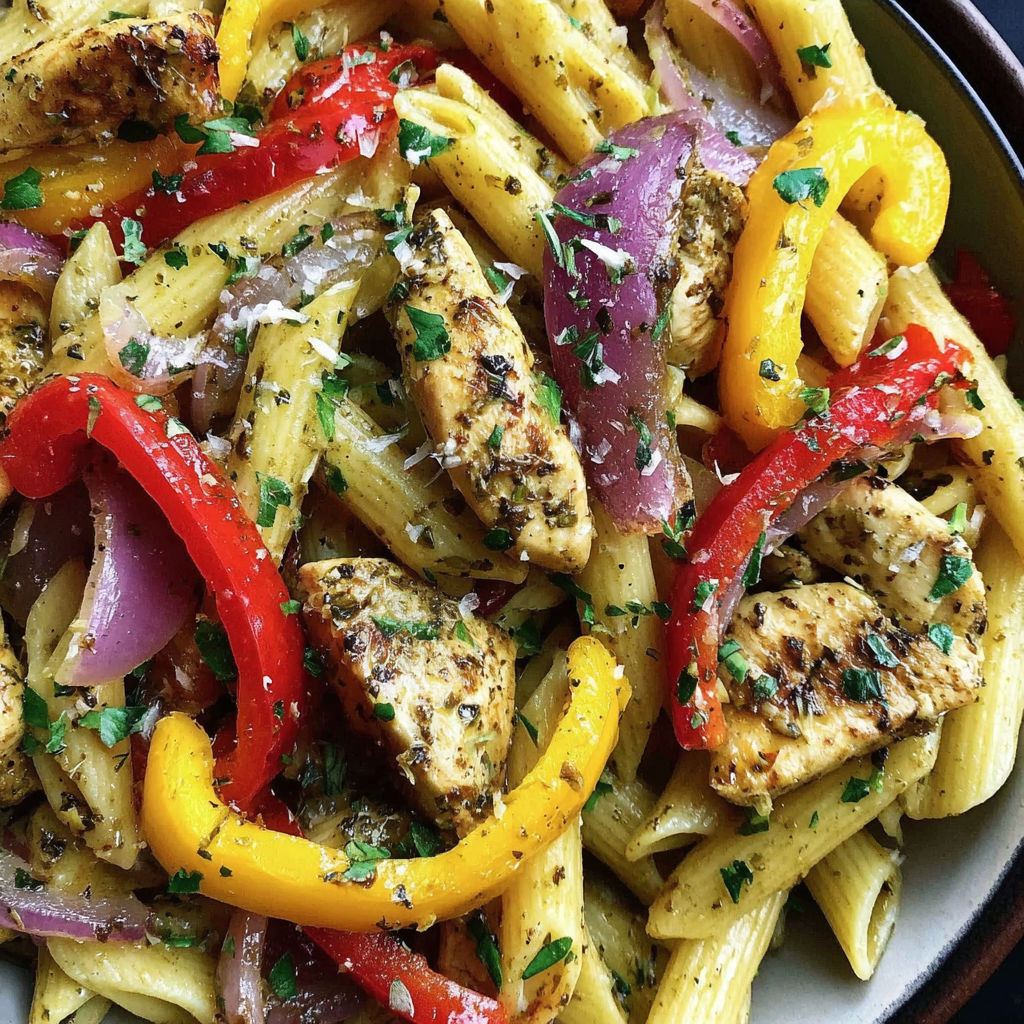 A plate of pasta with chicken and peppers.