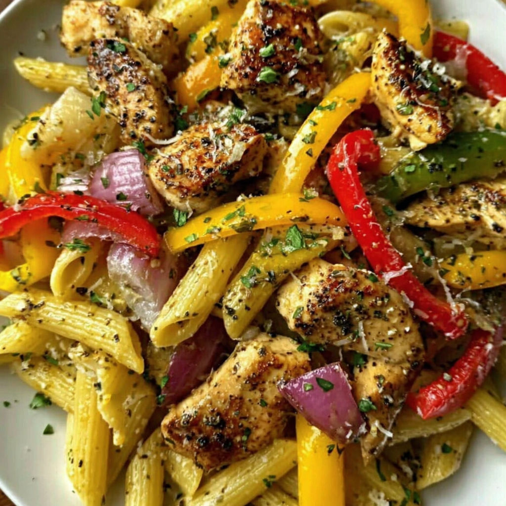 A plate of pasta with chicken and peppers.