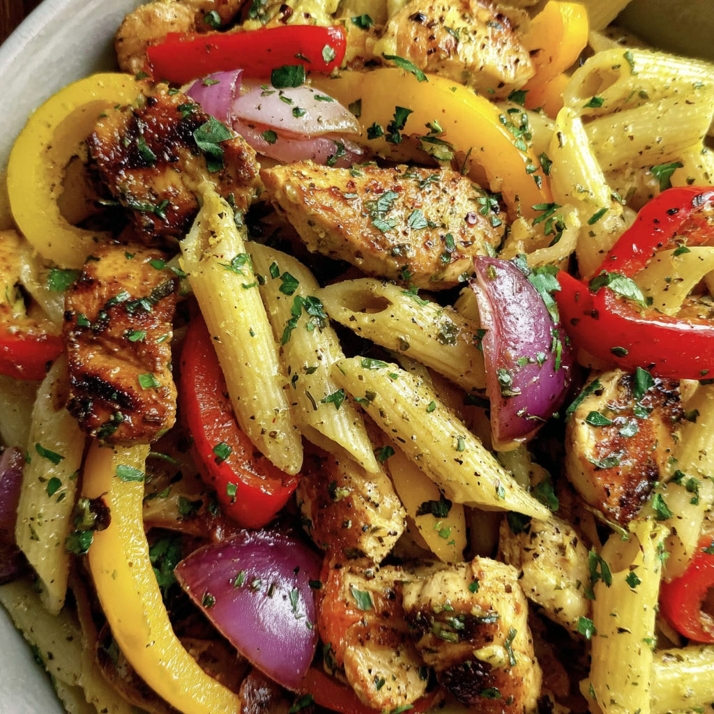 A bowl of pasta with chicken and vegetables.