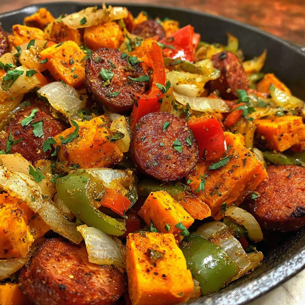A dish of Sweet Potato Cajun Sausage Hash.