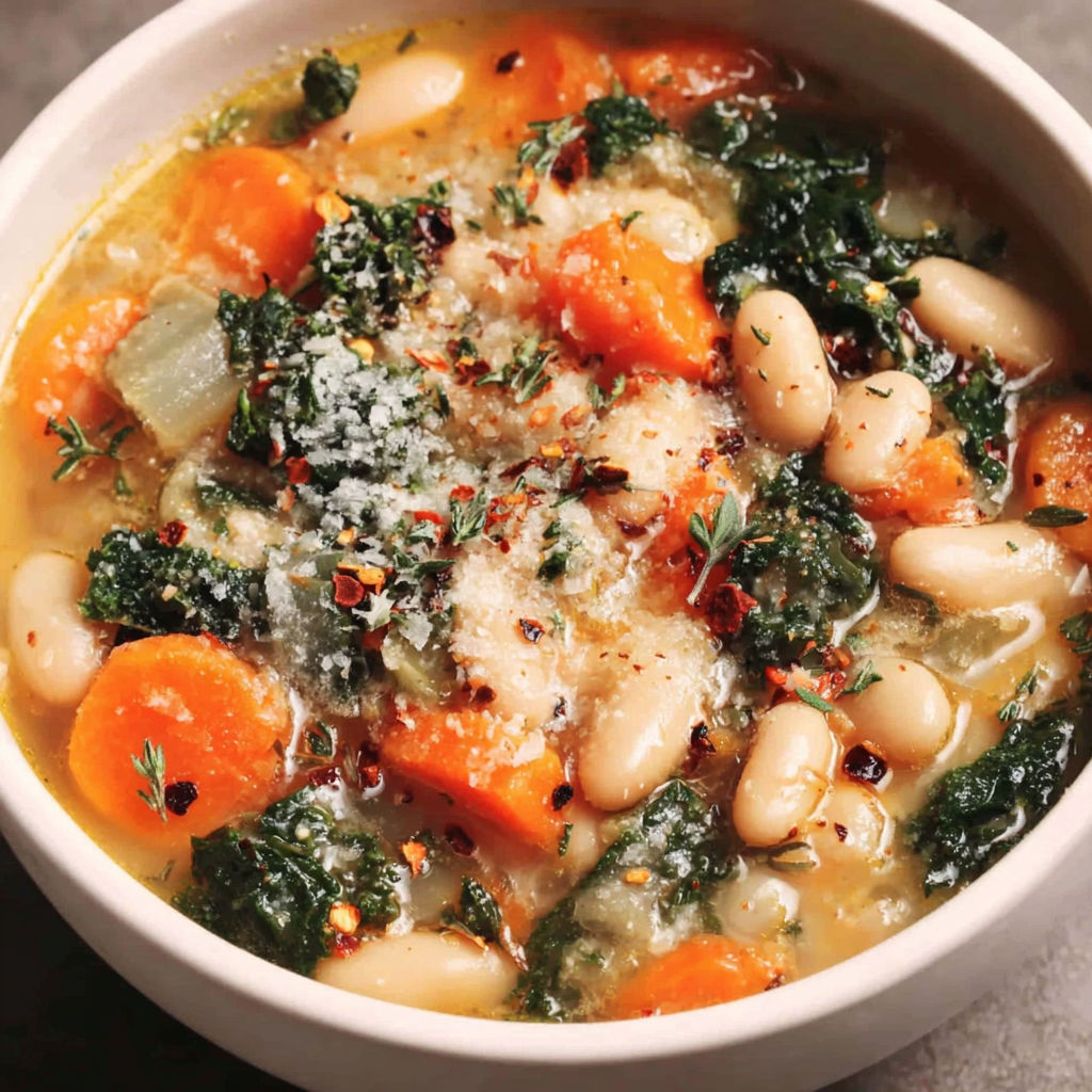 A bowl of soup with carrots and beans.