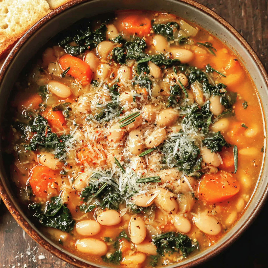 A bowl of soup with beans, carrots, and greens.