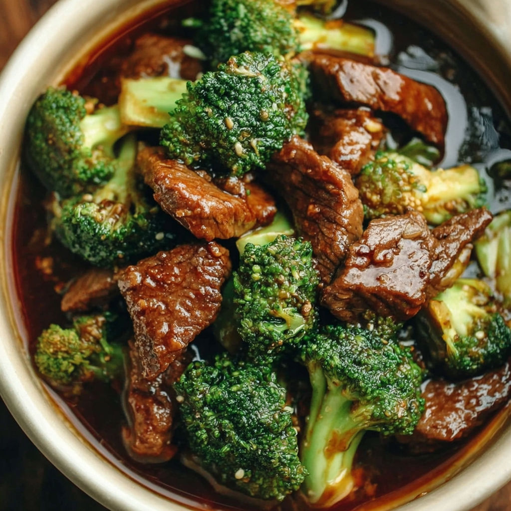 A bowl of beef and broccoli.