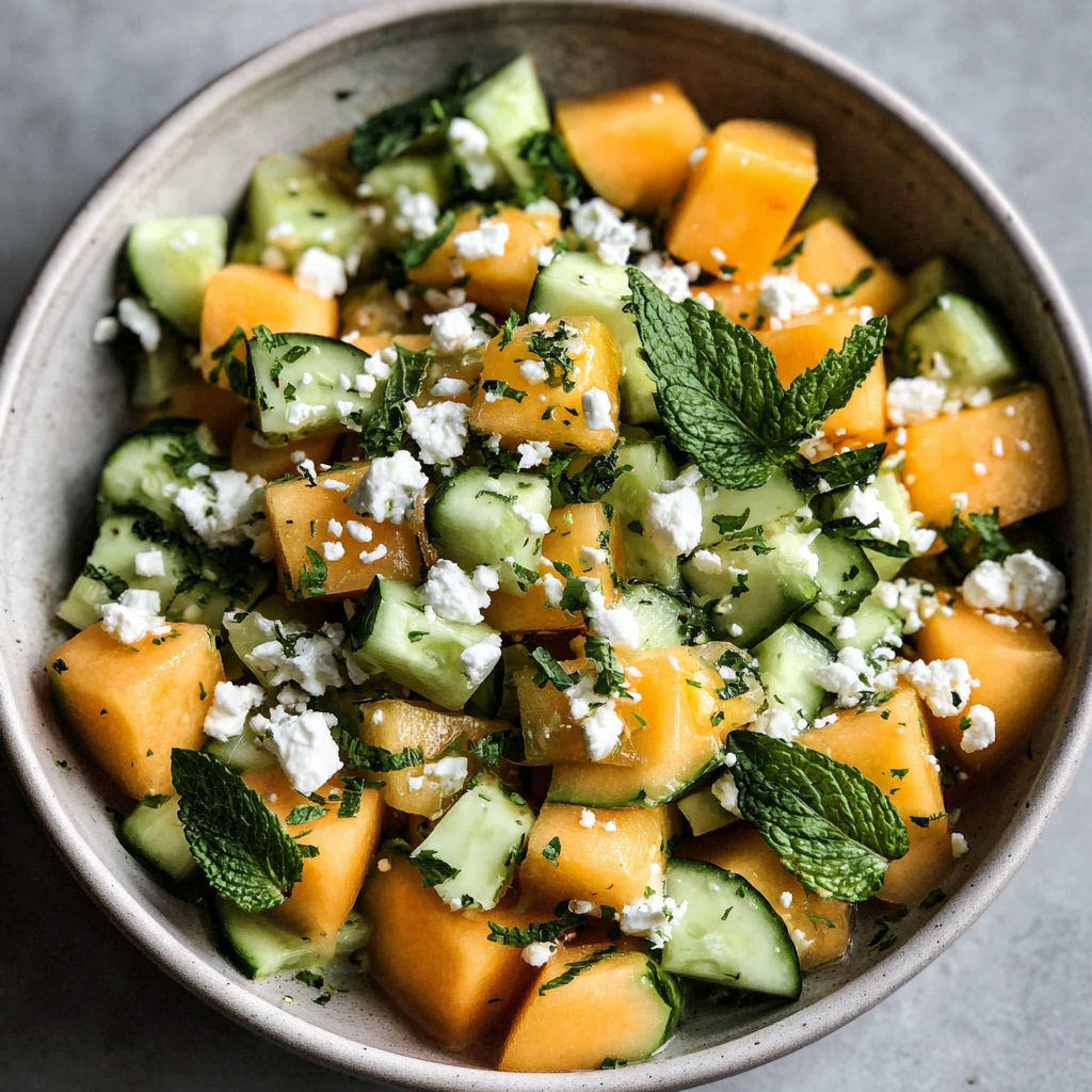 A bowl of salad with cucumber, feta, and cantaloupe.