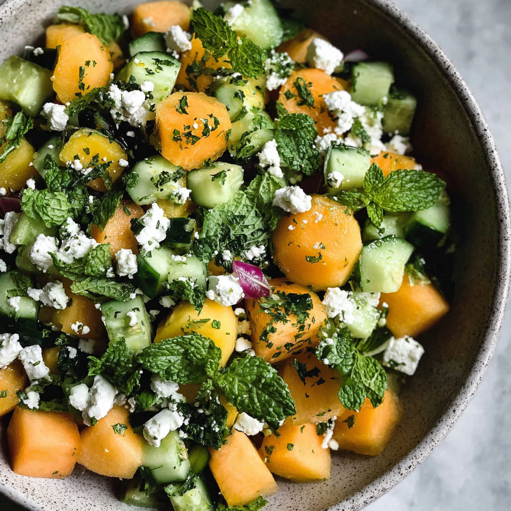 A bowl of salad with feta cheese, cucumber, and cantaloupe.