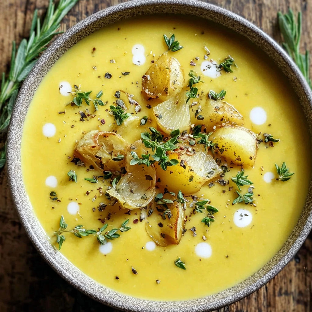 A bowl of soup with vegetables and herbs.