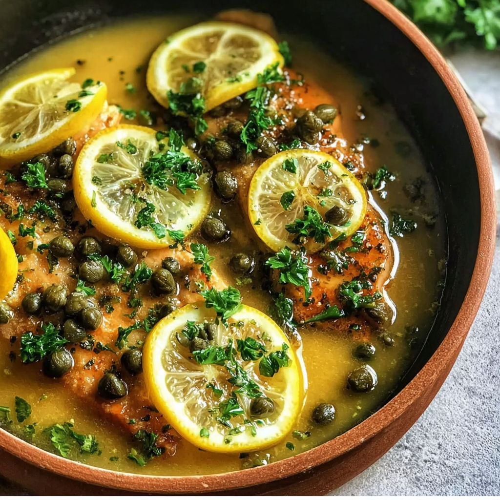 A bowl of lemon caper sauce with chicken.