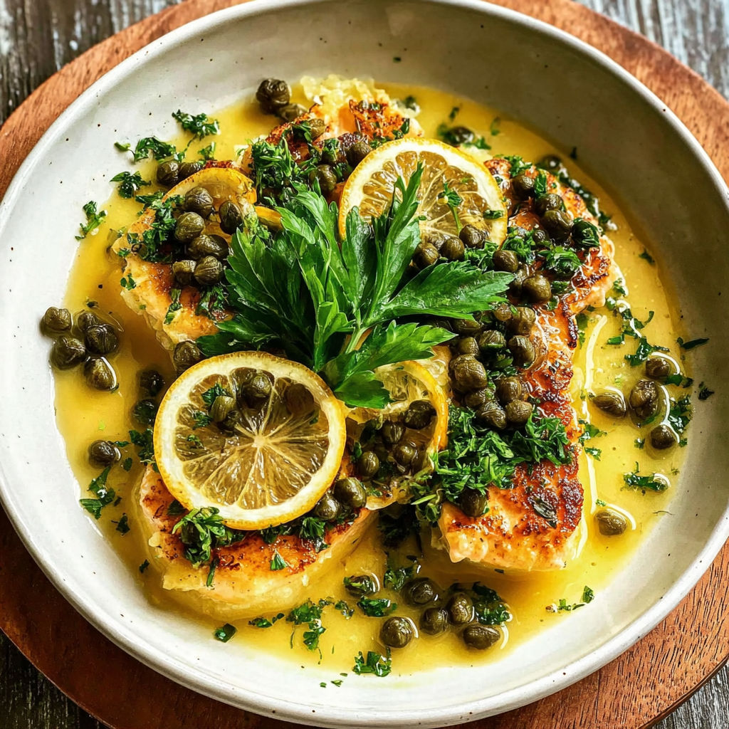 A bowl of food with lemon caper sauce.