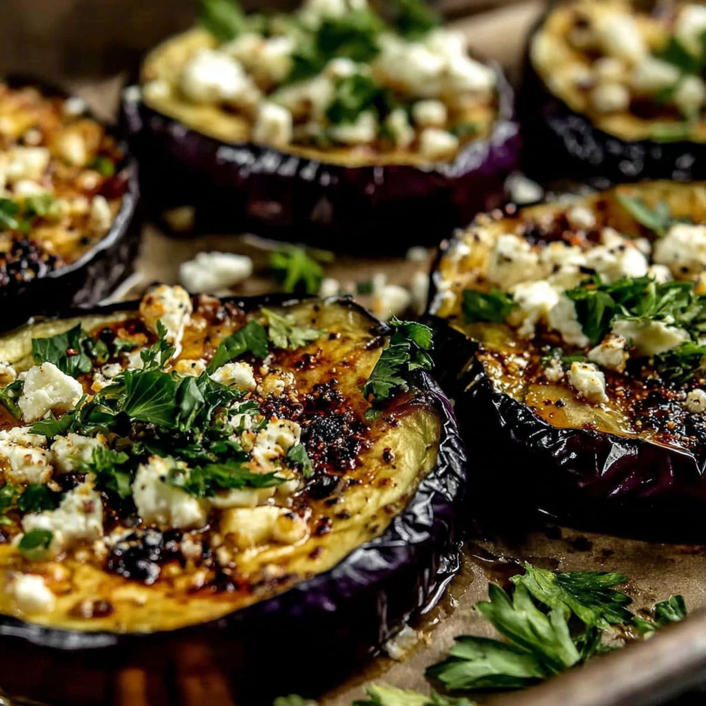 Roasted eggplant with feta cheese and herbs.