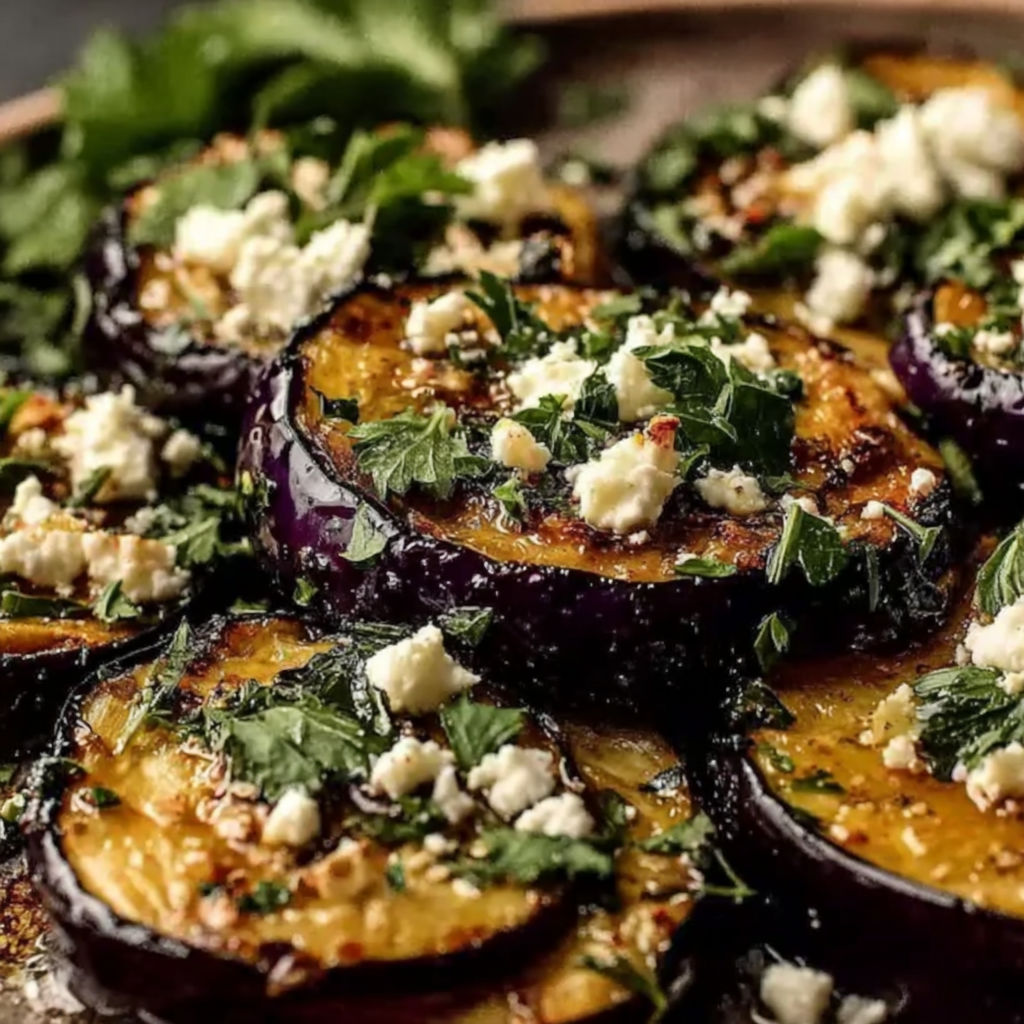 A plate of roasted eggplant with feta cheese and herbs.