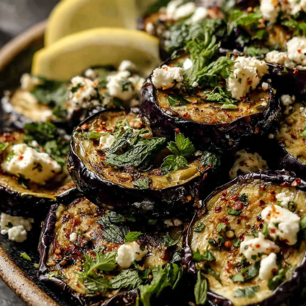 A plate of roasted eggplant with feta cheese and lemon.
