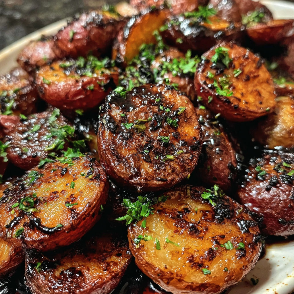 Roasted balsamic red potatoes with green herbs.
