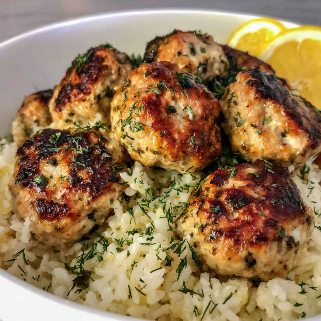 A bowl of meatballs and rice.