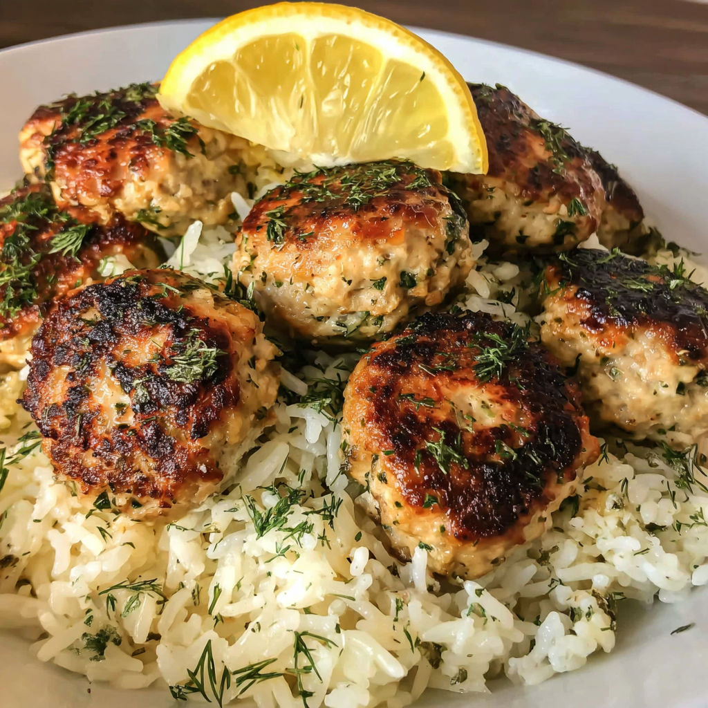 A plate of food with meatballs and rice.