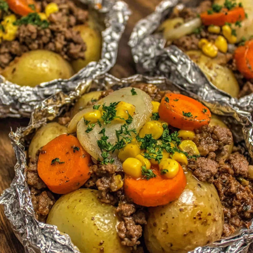 A close up of a hobo foil packet with meat and vegetables.