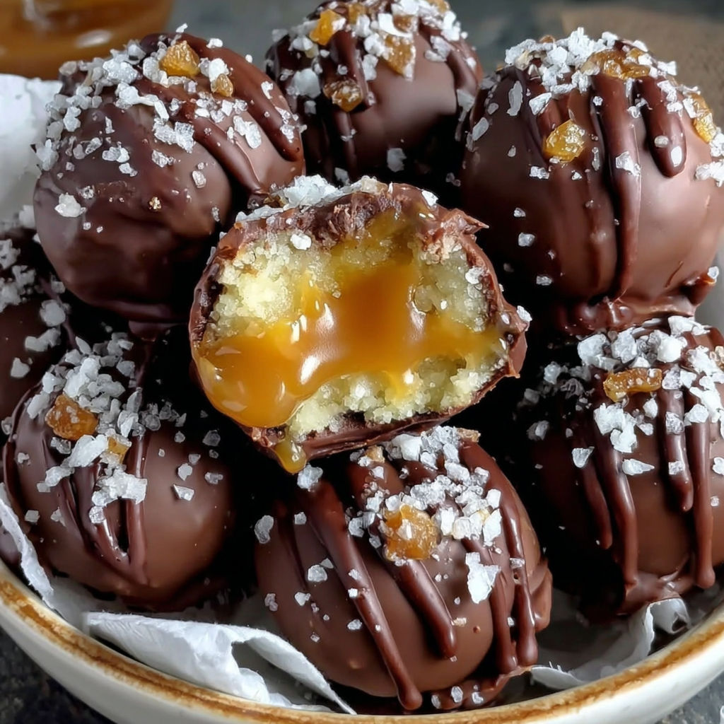 A plate of chocolate truffles with caramel drizzled on top.