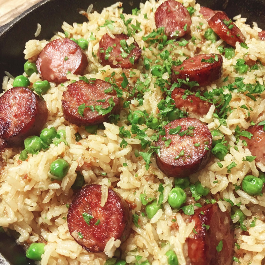 A plate of food with rice, peas, and sausage.
