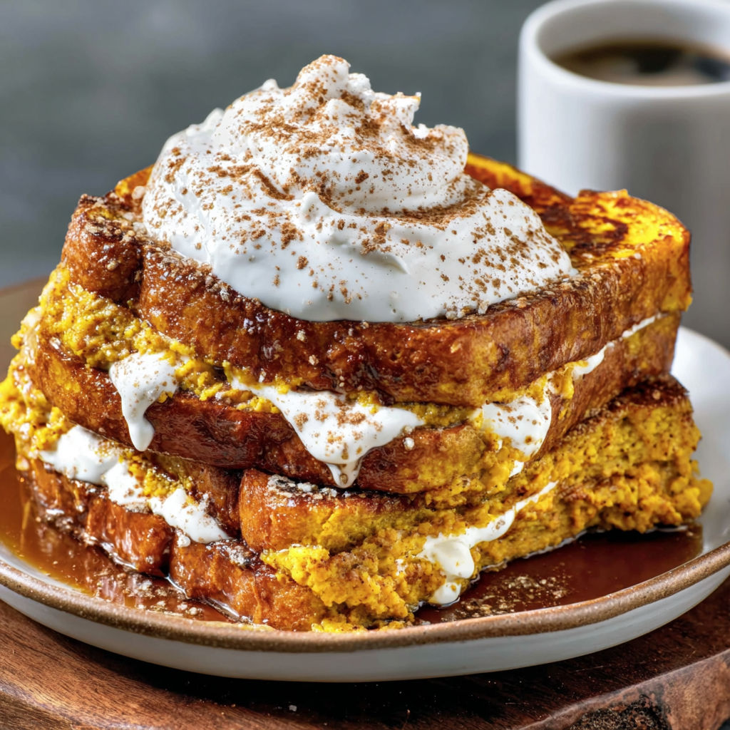 A stack of French toast with whipped cream on top.